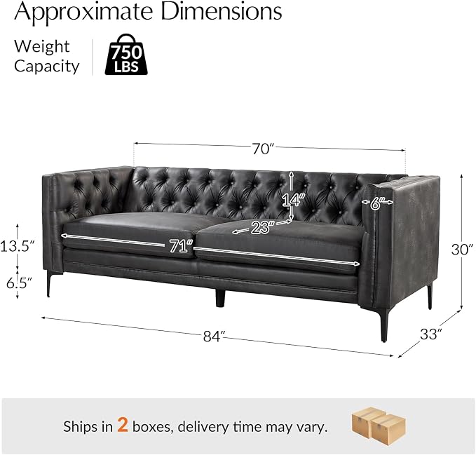 HULALA HOME Faux Leather Sofa, Mid Century Modern 3 Seater Couch, Charcoal | Button-Tufted Sofa with Metal Legs, Square Armrests, Supportive Cushions, Easy.