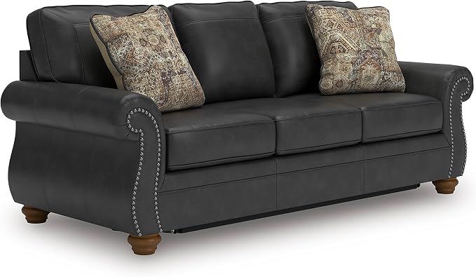 Signature Design by Ashley Chatterton Queen Sleeper Sofa Couch, Granite Faux leather, 4-inch queen memory foam mattress, Pull-out metal frame, Rustic rolled arms, Faux wood turned legs