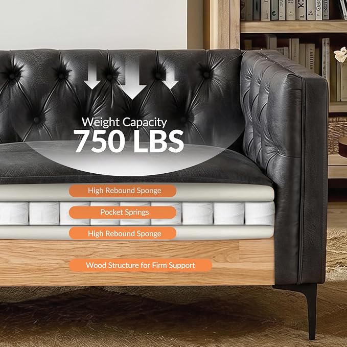 HULALA HOME Faux Leather Sofa, Mid Century Modern 3 Seater Couch, Charcoal | Button-Tufted Sofa with Metal Legs, Square Armrests, Supportive Cushions, Easy.