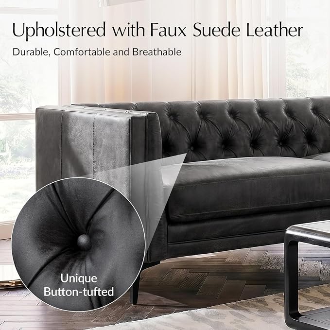 HULALA HOME Faux Leather Sofa, Mid Century Modern 3 Seater Couch, Charcoal | Button-Tufted Sofa with Metal Legs, Square Armrests, Supportive Cushions, Easy.
