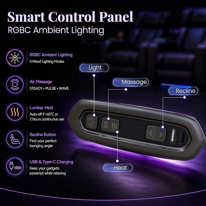 CALIVIA Curved Home Theater Seating with Airbag Massage & Heat | Power Loveseat Recliner with RGB LED Lighting, Storage, Tray Tables for Media Room