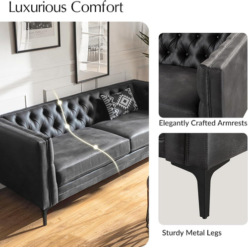 HULALA HOME Faux Leather Sofa, Mid Century Modern 3 Seater Couch, Charcoal | Button-Tufted Sofa with Metal Legs, Square Armrests, Supportive Cushions, Easy.