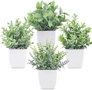 Der Rose 4 Pack 7" Mini Fake Plants, Artificial Plants for Bathroom Decor | Frosted eucalyptus look, easy-care artificial greenery, for desk shelf...