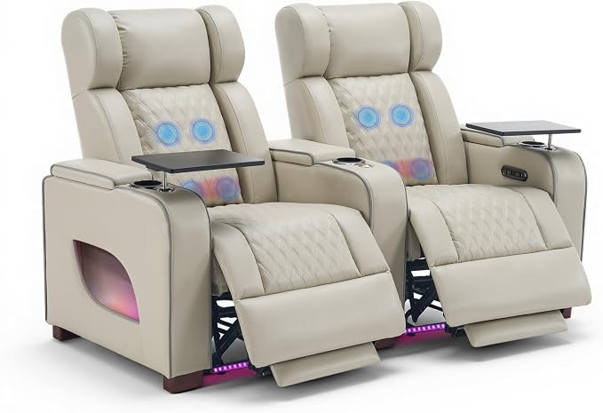 CALIVIA Curved Home Theater Seating with Airbag Massage & Heat | Power Loveseat Recliner with RGB LED Lighting, Storage, Tray Tables for Media Room