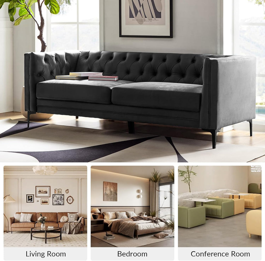 HULALA HOME Faux Leather Sofa, Mid Century Modern 3 Seater Couch, Charcoal | Button-Tufted Sofa with Metal Legs, Square Armrests, Supportive Cushions, Easy.
