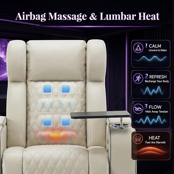 CALIVIA Curved Home Theater Seating with Airbag Massage & Heat | Power Loveseat Recliner with RGB LED Lighting, Storage, Tray Tables for Media Room
