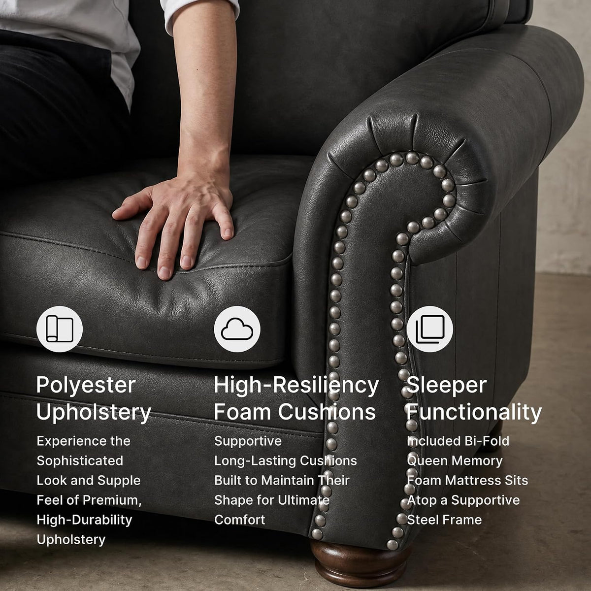 Signature Design by Ashley Chatterton Queen Sleeper Sofa Couch, Granite Faux leather, 4-inch queen memory foam mattress, Pull-out metal frame, Rustic rolled arms, Faux wood turned legs