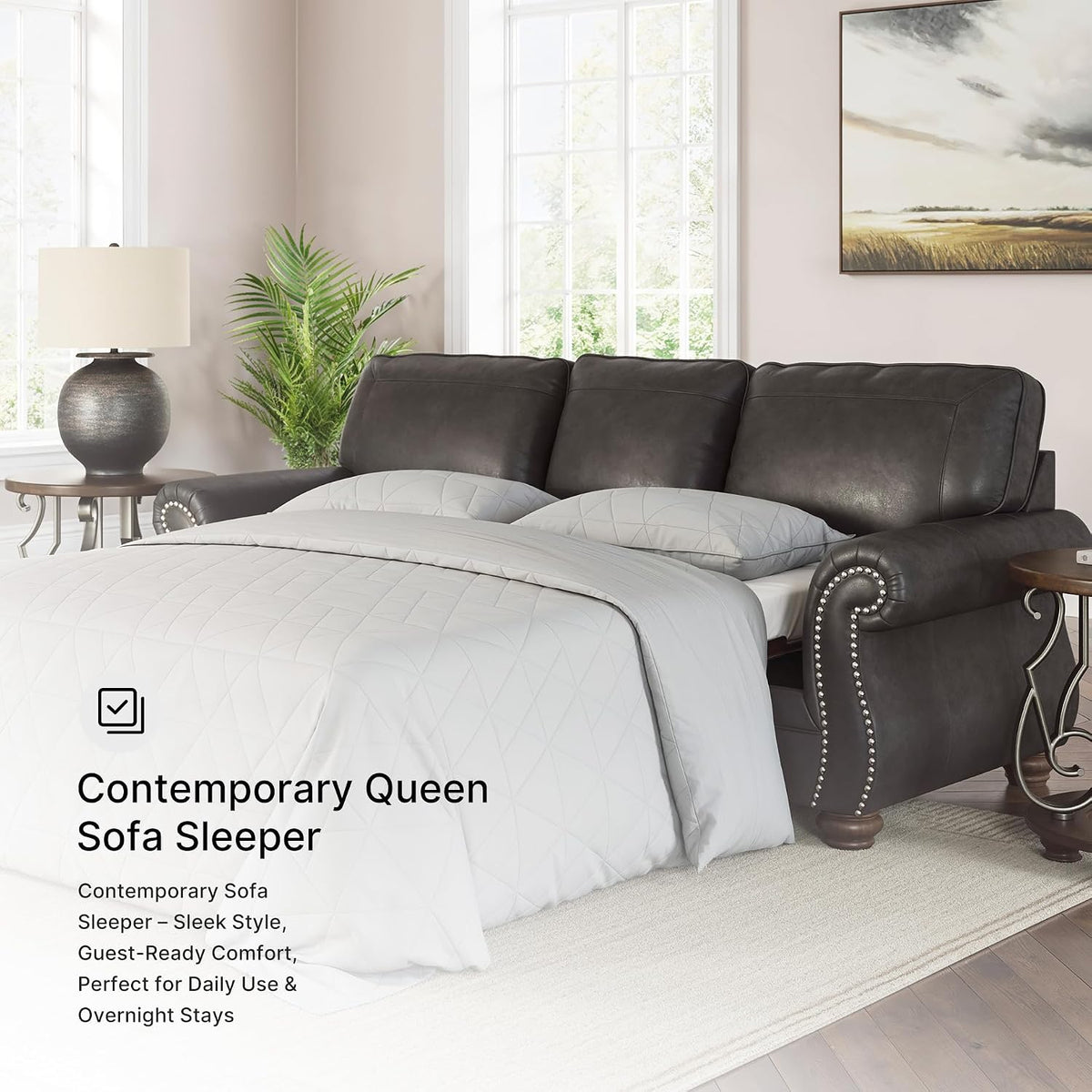 Signature Design by Ashley Chatterton Queen Sleeper Sofa Couch, Granite Faux leather, 4-inch queen memory foam mattress, Pull-out metal frame, Rustic rolled arms, Faux wood turned legs