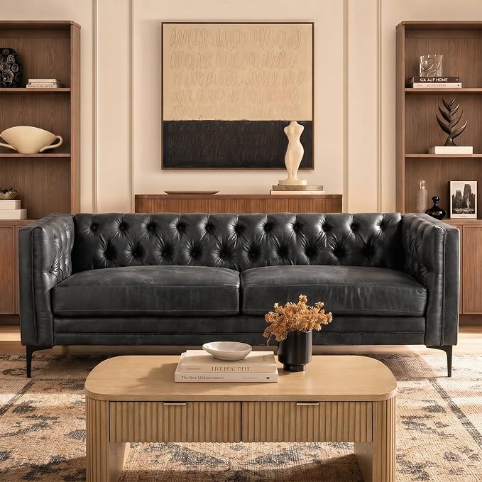 HULALA HOME Faux Leather Sofa, Mid Century Modern 3 Seater Couch, Charcoal | Button-Tufted Sofa with Metal Legs, Square Armrests, Supportive Cushions, Easy.
