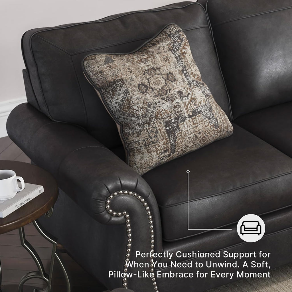 Signature Design by Ashley Chatterton Queen Sleeper Sofa Couch, Granite Faux leather, 4-inch queen memory foam mattress, Pull-out metal frame, Rustic rolled arms, Faux wood turned legs