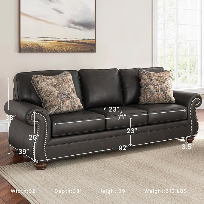 Signature Design by Ashley Chatterton Queen Sleeper Sofa Couch, Granite Faux leather, 4-inch queen memory foam mattress, Pull-out metal frame, Rustic rolled arms, Faux wood turned legs