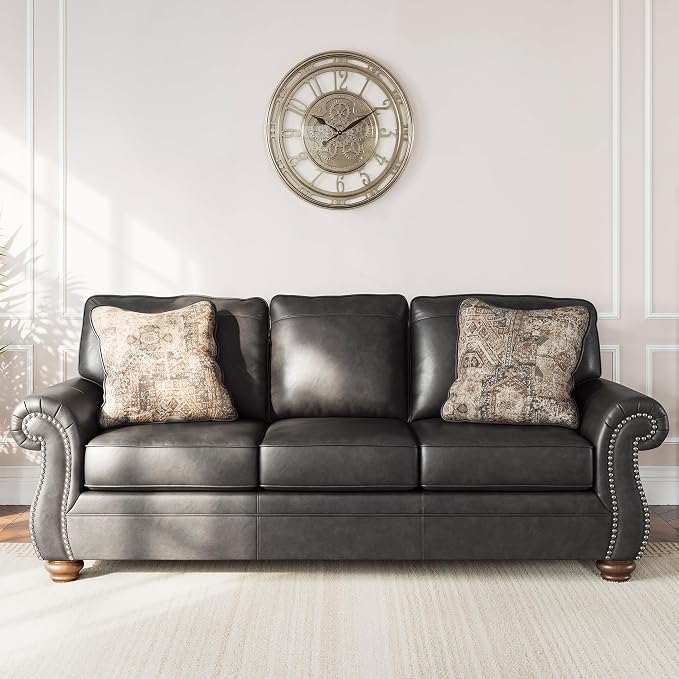 Signature Design by Ashley Chatterton Queen Sleeper Sofa Couch, Granite Faux leather, 4-inch queen memory foam mattress, Pull-out metal frame, Rustic rolled arms, Faux wood turned legs