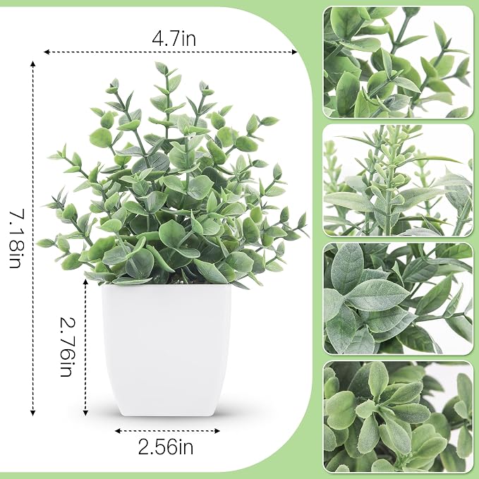 Der Rose 4 Pack 7" Mini Fake Plants, Artificial Plants for Bathroom Decor | Frosted eucalyptus look, easy-care artificial greenery, for desk shelf...