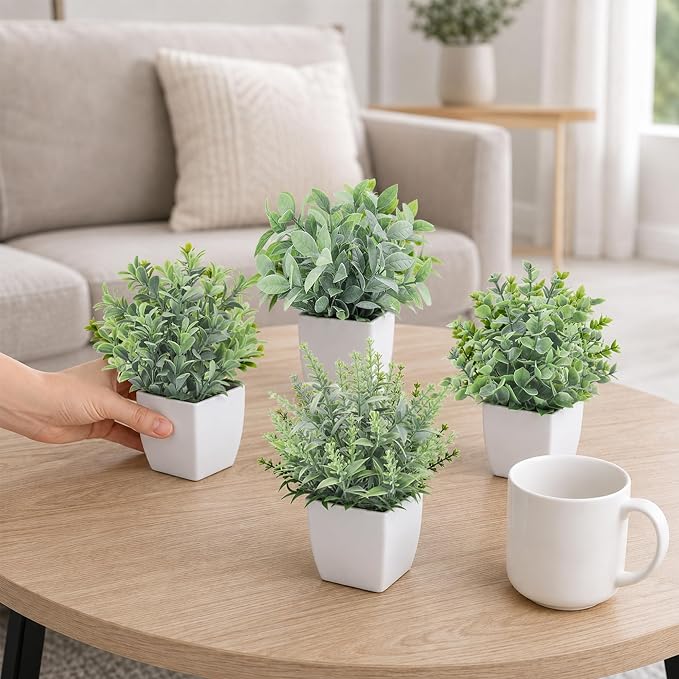 Der Rose 4 Pack 7" Mini Fake Plants, Artificial Plants for Bathroom Decor | Frosted eucalyptus look, easy-care artificial greenery, for desk shelf...
