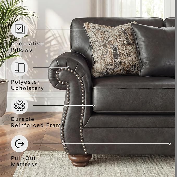 Signature Design by Ashley Chatterton Queen Sleeper Sofa Couch, Granite Faux leather, 4-inch queen memory foam mattress, Pull-out metal frame, Rustic rolled arms, Faux wood turned legs