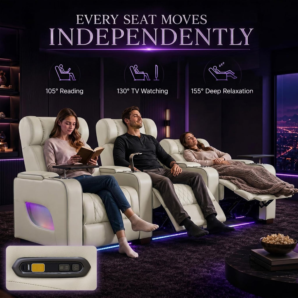 CALIVIA Curved Home Theater Seating with Airbag Massage & Heat | Power Loveseat Recliner with RGB LED Lighting, Storage, Tray Tables for Media Room