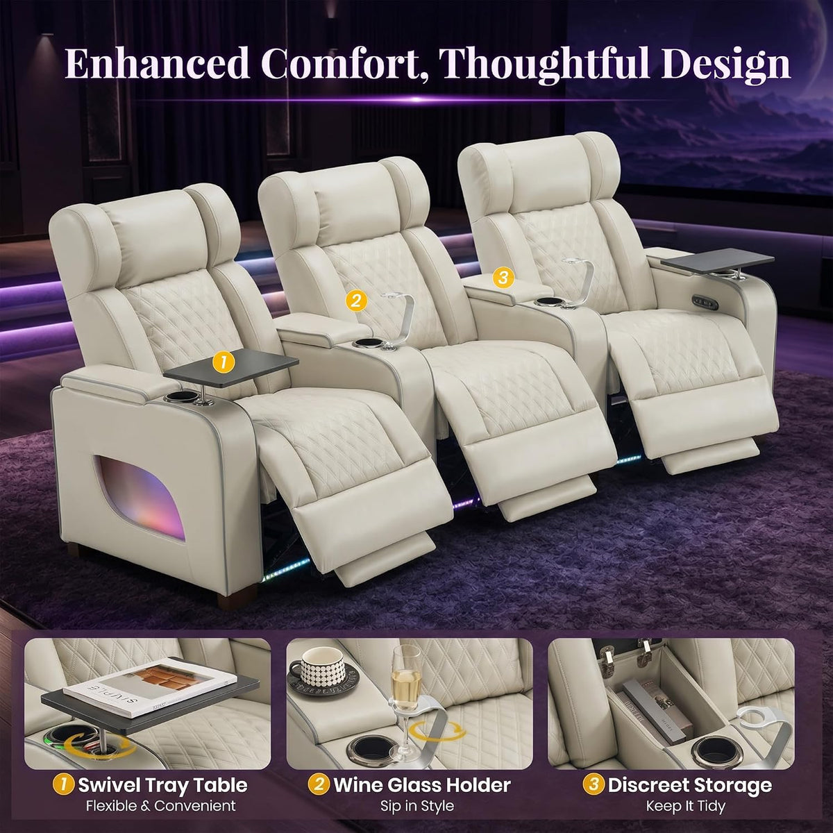 CALIVIA Curved Home Theater Seating with Airbag Massage & Heat | Power Loveseat Recliner with RGB LED Lighting, Storage, Tray Tables for Media Room