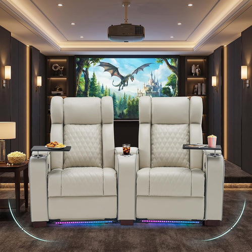 CALIVIA Curved Home Theater Seating with Airbag Massage & Heat | Power Loveseat Recliner with RGB LED Lighting, Storage, Tray Tables for Media Room