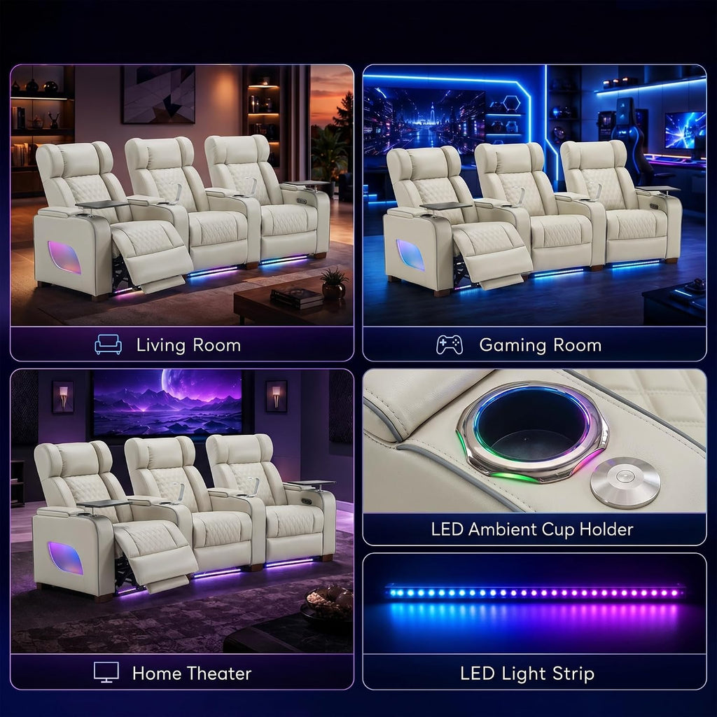 CALIVIA Curved Home Theater Seating with Airbag Massage & Heat | Power Loveseat Recliner with RGB LED Lighting, Storage, Tray Tables for Media Room