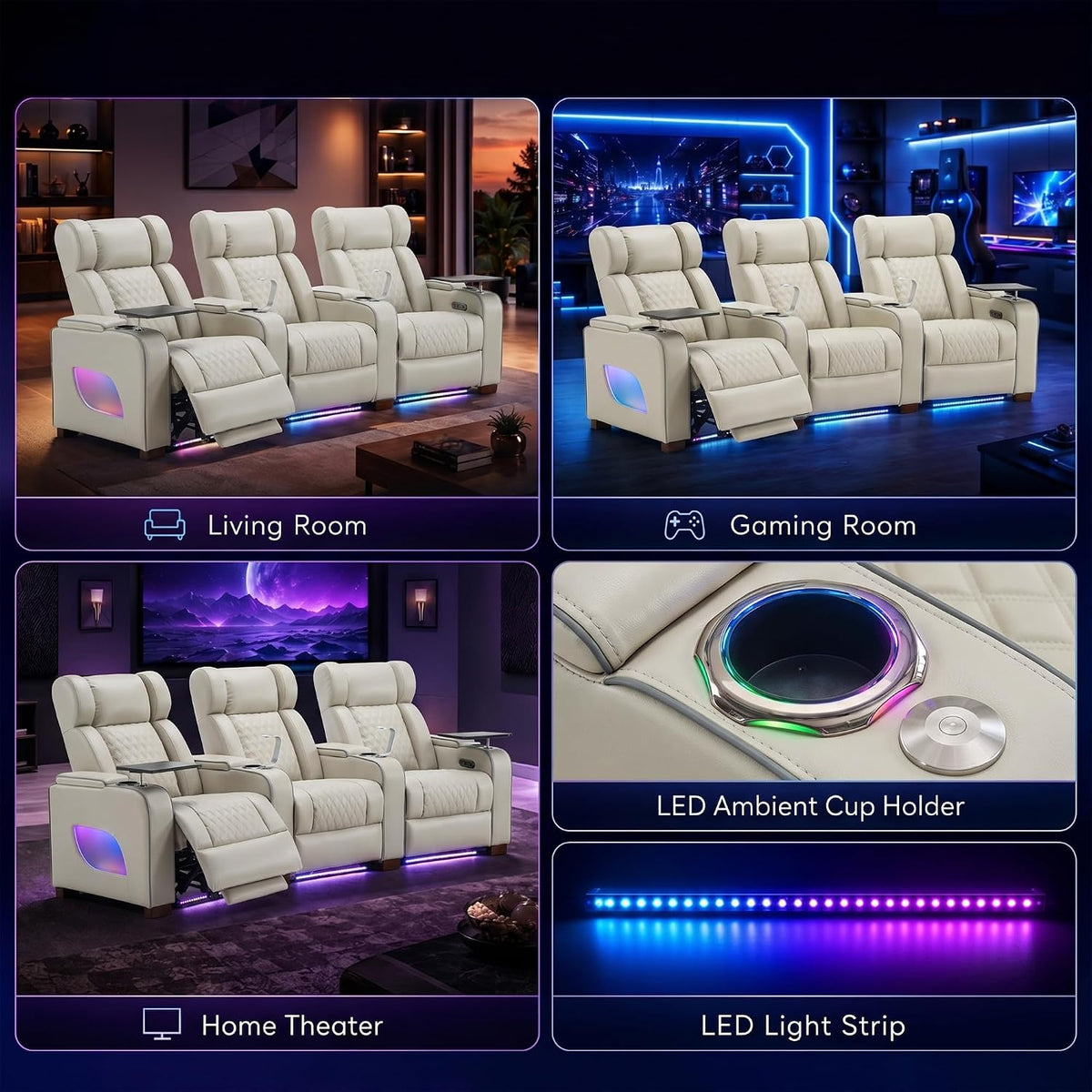CALIVIA Curved Home Theater Seating with Airbag Massage & Heat | Power Loveseat Recliner with RGB LED Lighting, Storage, Tray Tables for Media Room