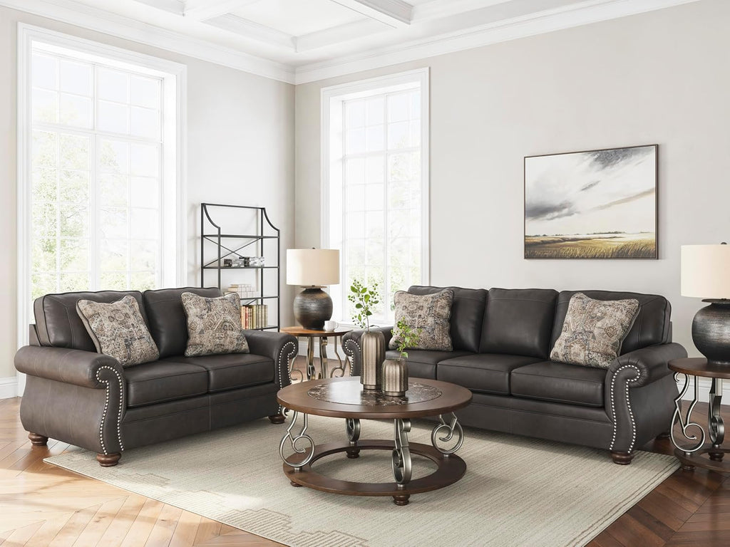 Signature Design by Ashley Chatterton Queen Sleeper Sofa Couch, Granite Faux leather, 4-inch queen memory foam mattress, Pull-out metal frame, Rustic rolled arms, Faux wood turned legs