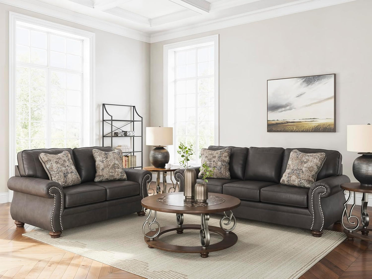 Signature Design by Ashley Chatterton Queen Sleeper Sofa Couch, Granite Faux leather, 4-inch queen memory foam mattress, Pull-out metal frame, Rustic rolled arms, Faux wood turned legs